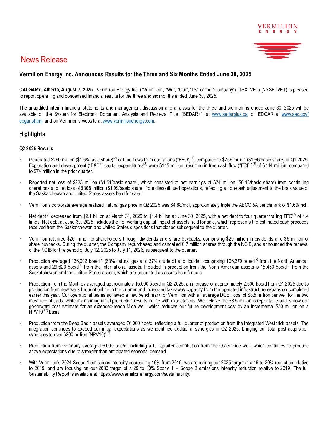 vermilion-energy-inc.-announces-results-for-the-three-and-six-months-ended-june-30,-2025